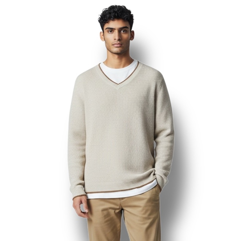 Tommy Hilfiger Mens V Neck Cambridge Pullover Sweater Preppy Cotton Beige XL